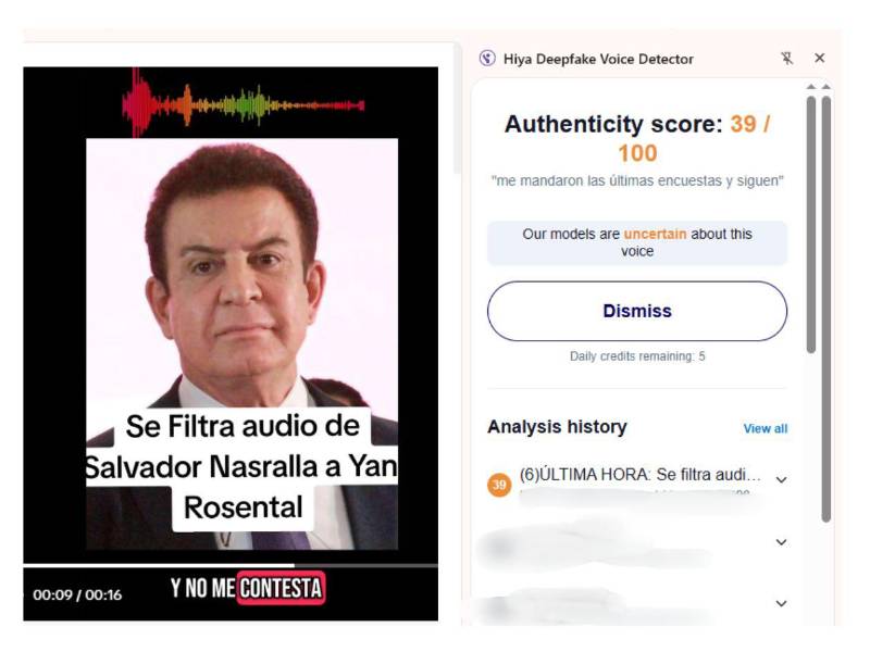 Captura de pantalla a los resultados de la herramienta Hiya Deepfake Voice Detector.