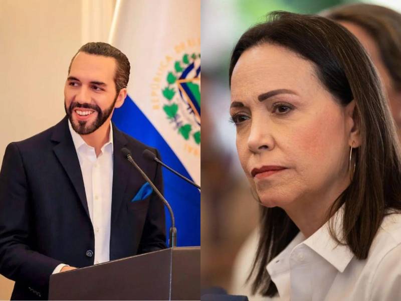 A la izquierda, el presidente de El Salvador, Nayib Bukele; en la derecha, María Corina Machado, ganadora del Premio Noble de la Paz.