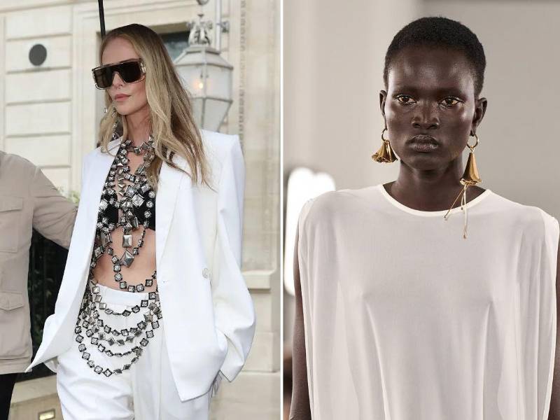 Los collares joya vienen con fuerza este 2026. Un buen ejemplo es este “look” de Charlize Theron que luce con un traje sastre blanco. Hay una clara preferencia por el oro, el platino plateado y piedras sutiles como el jade, el cuarzo o el topacio pálido. Llévalos no solo en collares, también en maxiaritos.