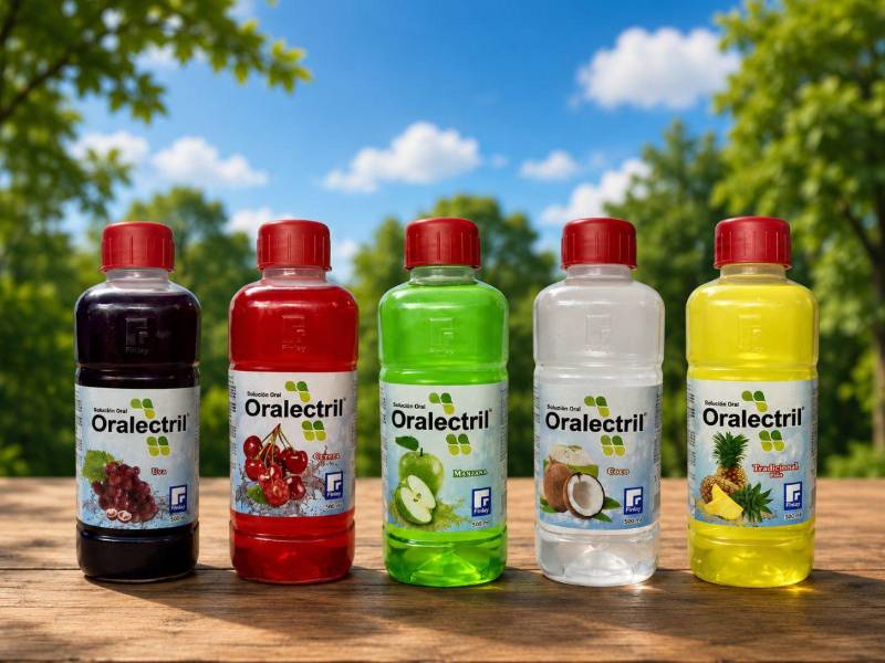 Oralectril está disponible en presentaciones de 500 ml, con sabores de uva, cereza, manzana verde, coco y piña. Está disponible en las farmacias de todo el país.