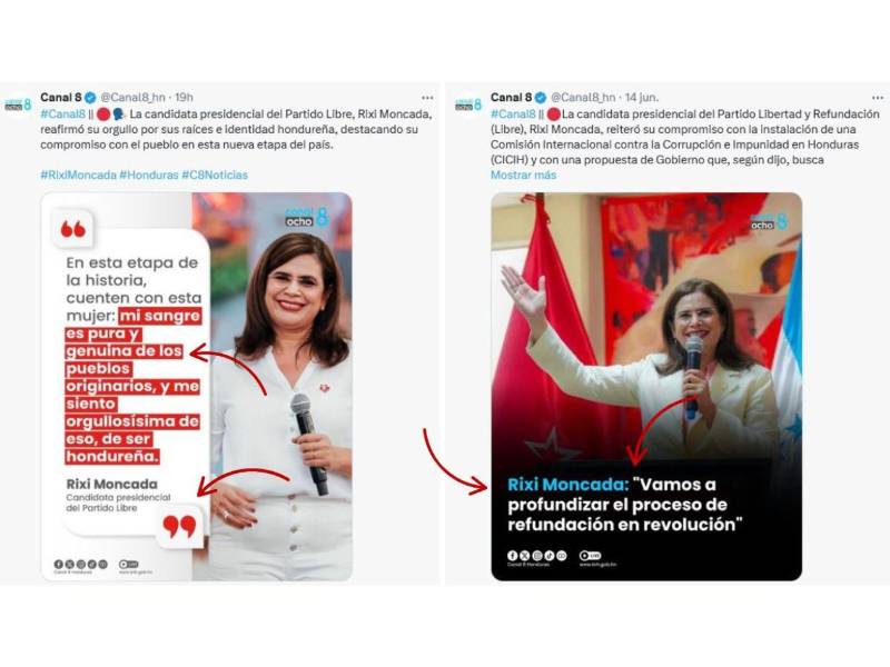 Capturas de pantalla a publicaciones auténticas de Canal 8 en su perfil oficial de X.