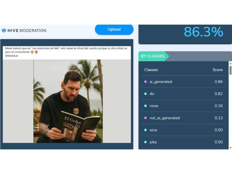 Captura de pantalla a los resultados de Hive Moderation sobre el analisis de la imagen.