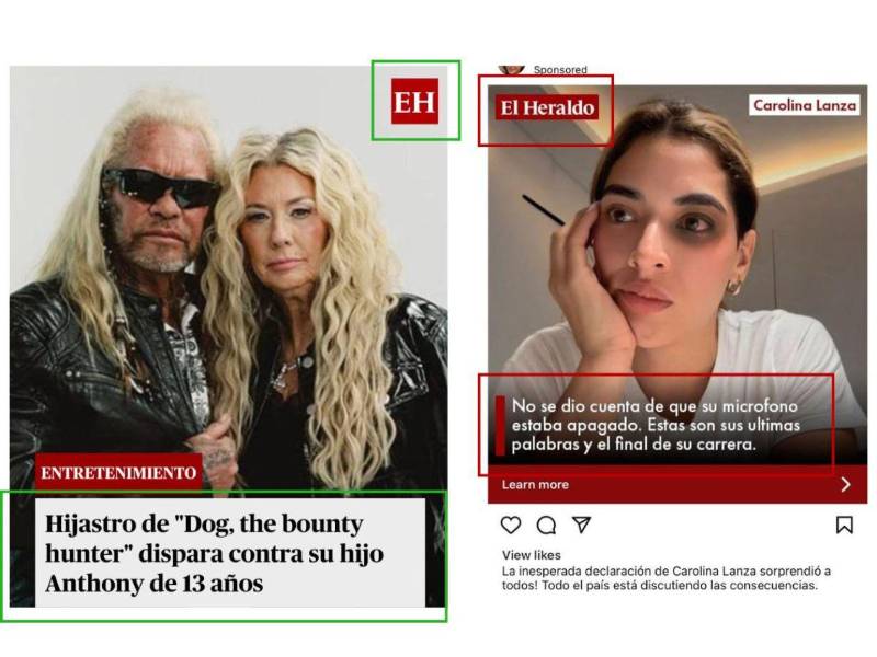 Comparativa entre una captura de pantalla de un contenido auténtico de El Heraldo y el arte falso, para evidenciar las inconsistencias.