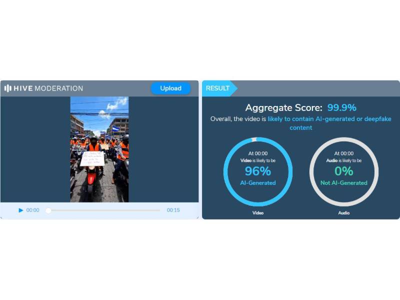 Captura de pantalla a los resultados de Hive Moderation sobre el análisis del video.