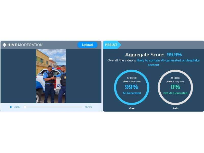 Captura de pantalla a los resultados de Hive Moderation sobre el análisis del video.