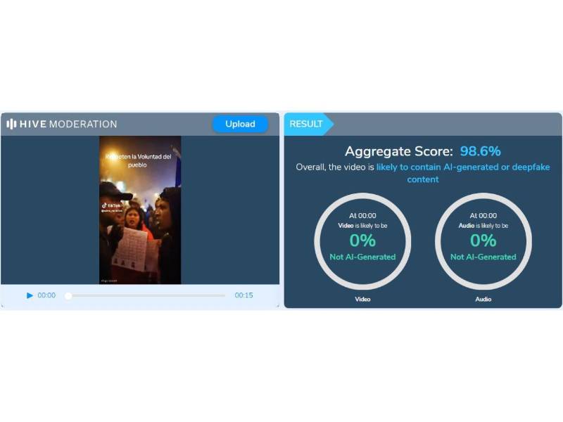 Captura de pantalla a los resultados de Hive Moderation sobre el análisis del video.