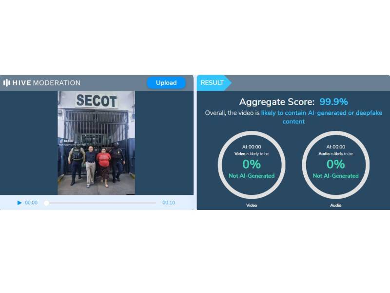 Captura de pantalla a los resultados de Hive Moderation sobre el análisis del video.