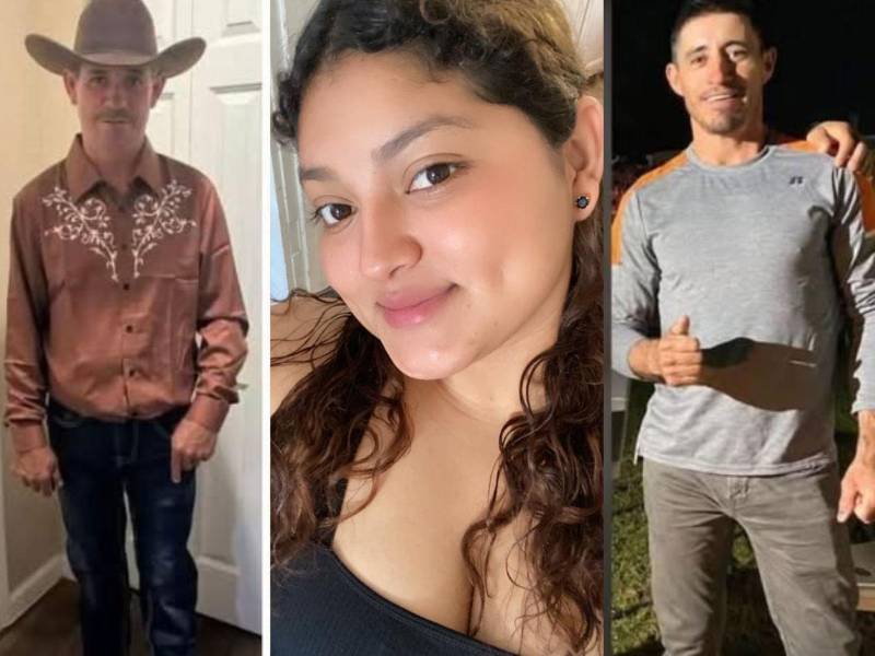 Fotos en vida de Selvin Chacón, de 48 años; Karen Bautista, de 24 años y Sergio Chacón, de 38, los tres hondureños asesinados en una empresa de jardinería en San Antonio, Texas