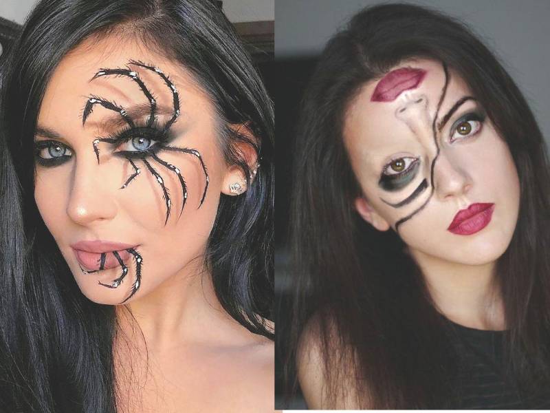 Puedes crear “looks” de fantasía o de terror con maquillaje. Utiliza una base, sombras, delineador y labiales para dibujar elementos claves como arañas, líneas dramáticas para ojos.