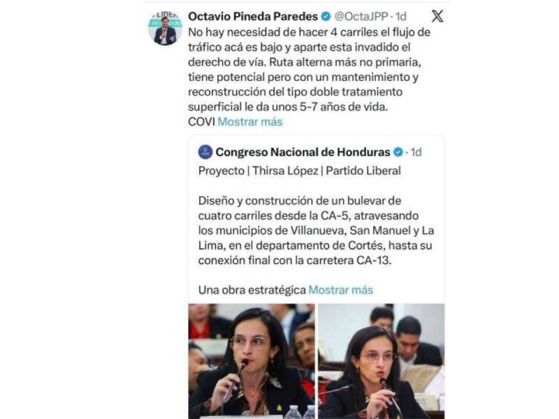 La diputada liberal Thirsa López presentó el proyecto de diseño y construcción de un bulevar de cuatro carriles desde la CA-5 atravesando los municipios de Villanueva, San Manuel y La Lima, en el departamento de Cortés.