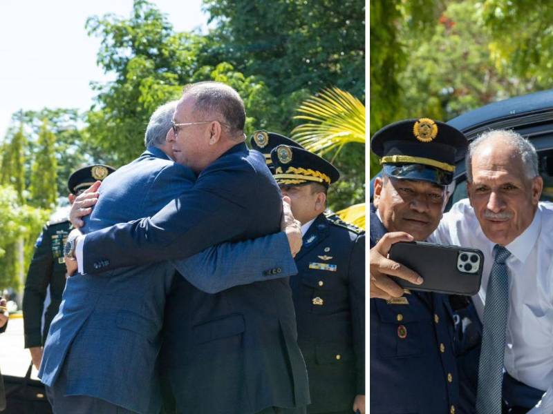 El presidente Nasry Asfura se da un fuerte abrazo con el ministro de Seguridad, Gerson Velásquez a su llegada a La Paz. Uno de los oficiales aprovechó su arribo para guardar una selfie del recuerdo con el mandatario.
