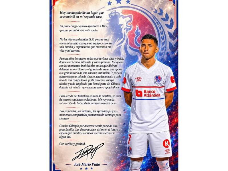 La carta de José Mario Pinto en donde anuncia su fin del Olimpia.