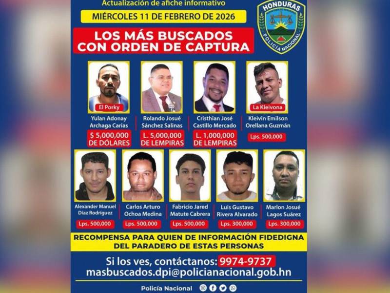 Las autoridades de la Policía Nacional actualizaron el 11 de febrero de 2026 la lista de los criminales más buscados, que en total son nueve.