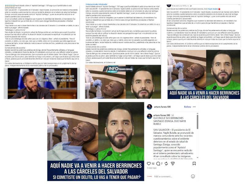 Capturas de pantalla a publicaciones con el mismo contenido difundidas en varios perfiles en redes sociales.