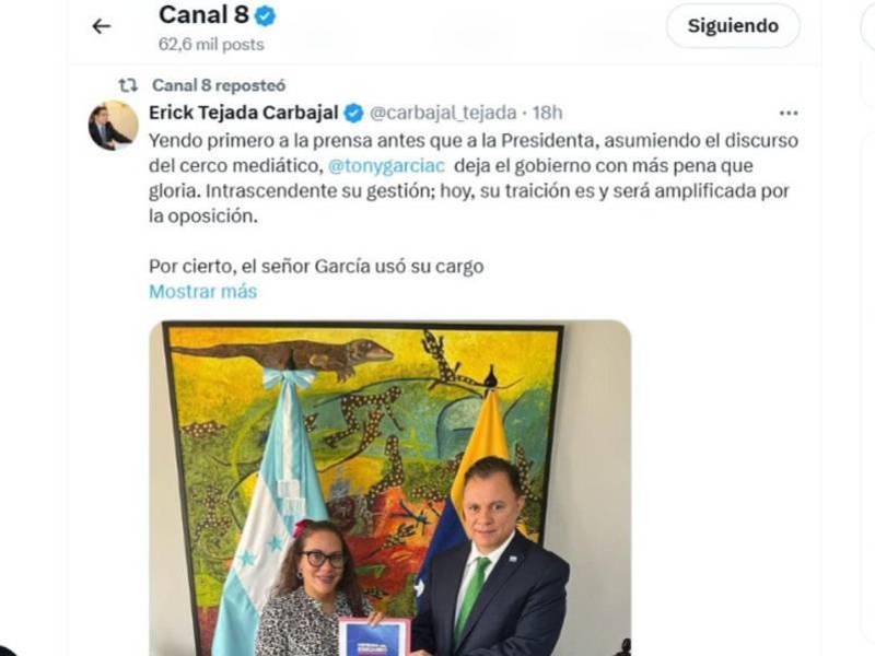 Captura de pantalla a una republicación de Canal 8 a la cuenta del secretario de Energía, Erick Tejada.