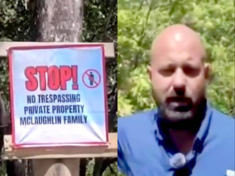 Los extranjeros denuncian que miembros de la familia Mclaughlin ingresaron a los terrenos y han colocado rótulos con el mensaje: no traspasar propiedad privada, familia Mclaughlin.