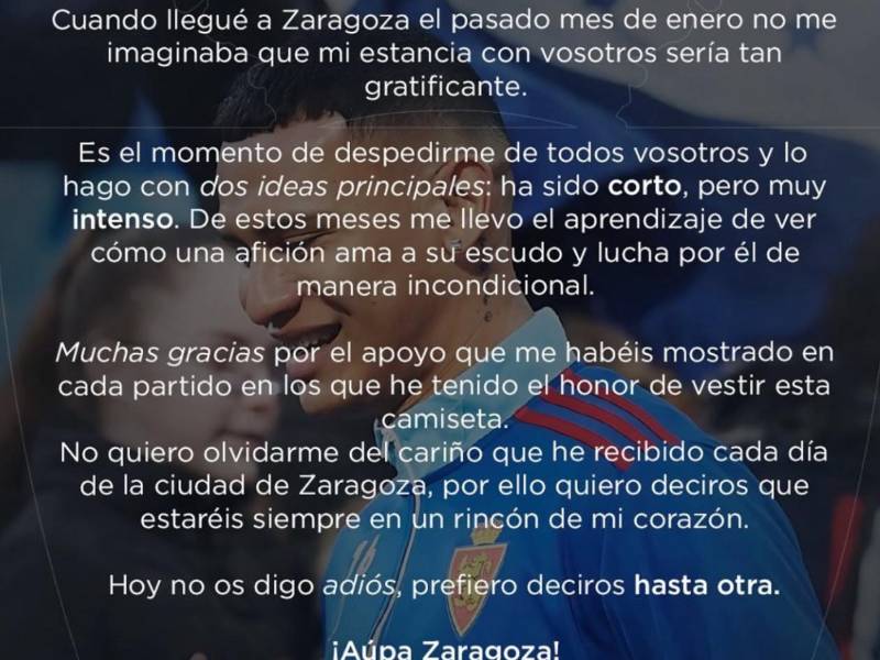 El mensaje de despedida de Kervin Arriaga en donde anuncia su adiós del Real Zaragoza.