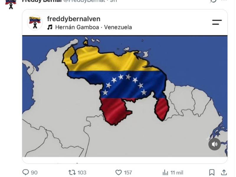 Imagen difundida en la cuenta en X @FreddyBernal del gobernador del estado venezolano del Táchira, Freddy Bernal, de un mapa de Venezuela con la bandera nacional, luego de que el presidente de Estados Unidos, Donald Trump, lo hiciera pero con la bandera de su país y con la leyenda Estado 51.