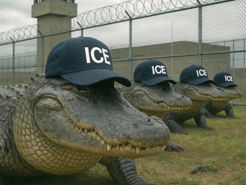 Imagen de IA publicada por el Departamento de Seguridad Nacional (DHS) de Estados Unidos en su cuenta oficial en la red social X de caimanes con gorras del ICE frente a un centro de detención.