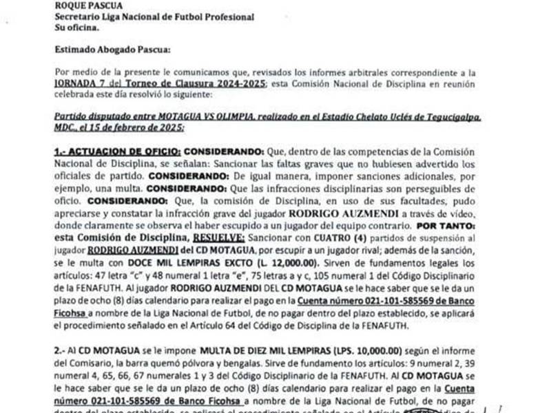 El acta de la Comisión de Disciplina sobre la sanción a Rodrigo Auzmendi.