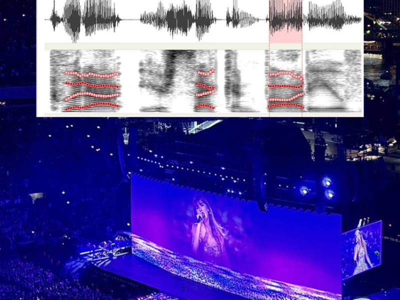 Taylor Swift actuando durante su gira Eras (crédito Maura Shapiro) con análisis de frecuencia vocal superpuesto.