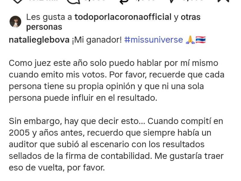 Natalie Glebova afirmó en Instagram que no hubo auditor en la gala final de Miss Universo 2025.
