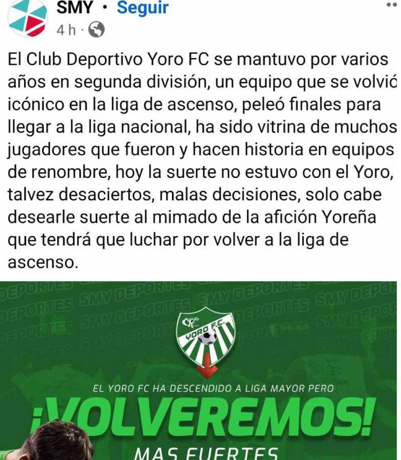 Muchos mensajes se leen en redes sociales lamentando el descenso del Yoro FC. 