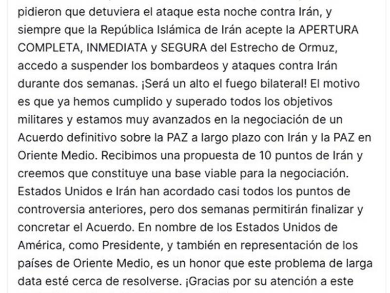 Captura de una publicación en la cuenta @realDonaldTrump en Truth Social del presidente de EE.UU., Donald Trump, este martes que anuncia el aplazamiento por dos semanas el ataque contra las infraestructuras críticas iraníes.