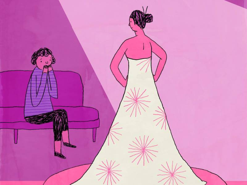 Ilustración de una joven probándose un vestido de novia frente a su madre.