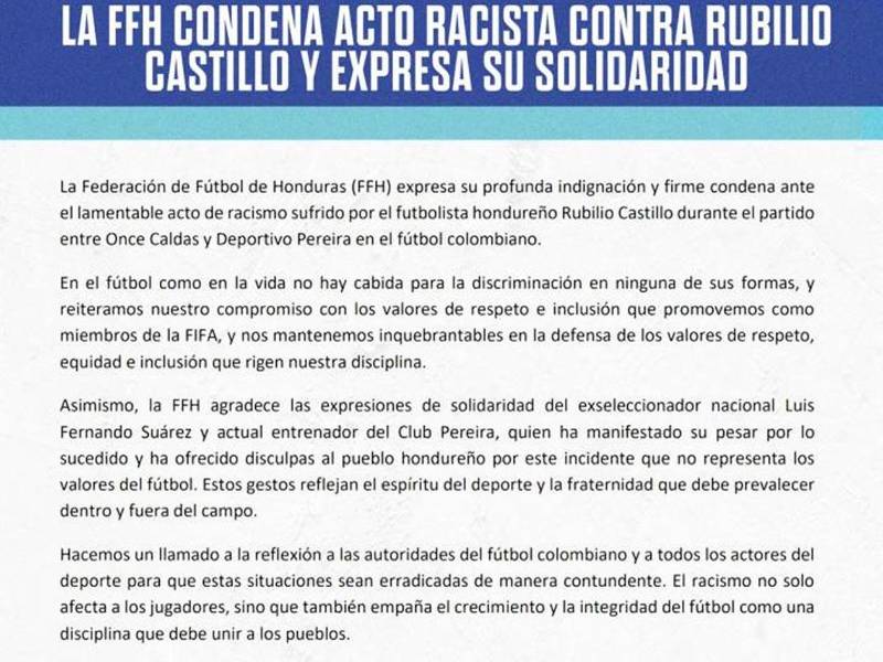 El comunicado de la Federación de Fútbol de Honduras sobre el racismo que sufrió Rubilio Castillo.