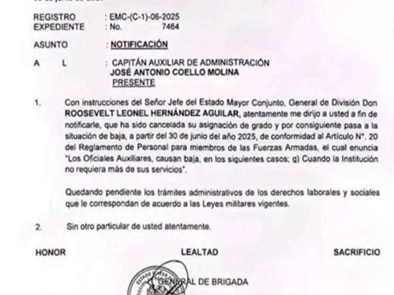 La notificación que recibió el capitán José Coello.