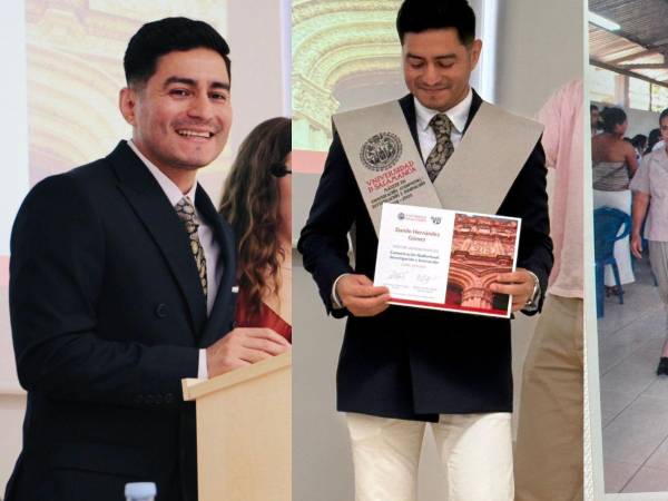 Danilo Hernández, al momento de recibir su título de posgrado en la Universidad de Salamanca. A la derecha, una imagen entrañable junto a sus padres.