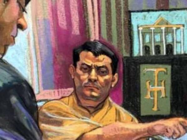 Ilustraciónde Alexander Ardón testificando en una corte de Nueva York.