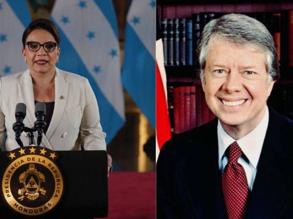 Collage de fotografías que muestra a la presidenta Xiomara Castro y al expresidente Jimmy Carter.