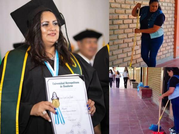 En la imagen de la izquierda, Elizabeth sostiene con orgullo su título universitario; en el lado opuesto, en un contraste profundamente irónico, aparece barriendo los pasillos de la institución educativa.