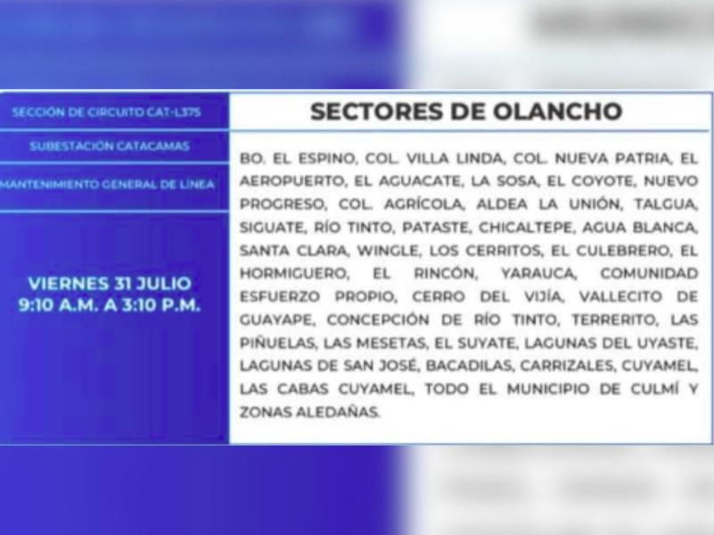 Estas zonas de Honduras no tendrán energía este viernes 31 de julio
