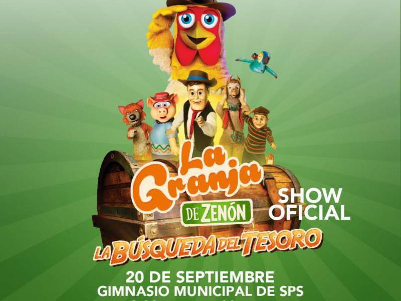 La granja de Zenón: Presentará su nuevo show La Búsqueda del Tesoro el sábado 20 de septiembre en el Gimnasio Municipal de San Pedro Sula. Entradas disponibles en Eticket. Los fondos recaudados en el Show La Granja de Zenón se destinarán a la Fundación Amigos de Guarderías Infantiles.