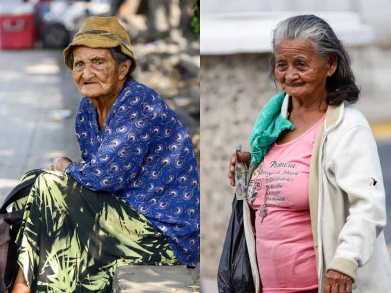 Indiana Matilda Pacheco y María Catalina Guzmán piden en las calles de San Pedro Sula para poder sobrevivir.