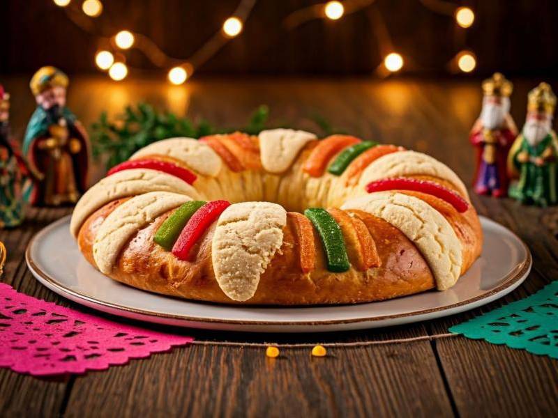 Imagen generada con Inteligencia Artificial (IA) que muestra una rosca de reyes, la cual está hecha de masa dulce, parecida a un bollo, y diseñada en forma circular. Se decora con fruta confitada, azúcar y almendras.