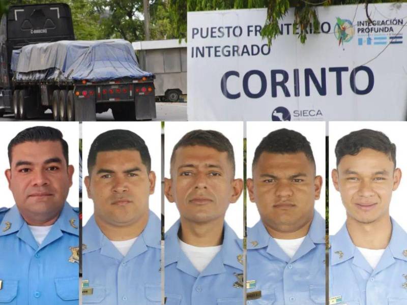 El subcomisionado Lester Josué Amador Herrera y los agentes Leonel Alejandro Valdez Núñez, Dailin Francisco Elvir Quintanilla, Nels Makley Eguigure Benavides y Emerson Josué Canales Fúnez, los cinco policías abatidos en Corinto, Omoa.