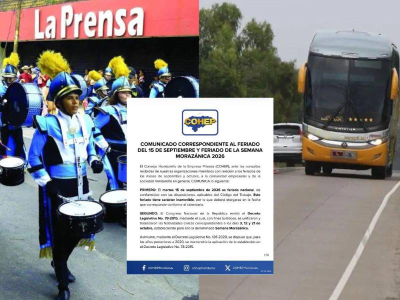 El Consejo Hondureño de la Empresa Privada (Cohep) confirmó este lunes las fechas de los próximos feriados que deberán tomar en cuenta trabajadores y empresas durante septiembre y octubre de 2026, entre ellos el 15 de septiembre y la Semana Morazánica.