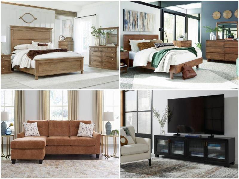 Arriba: dormitorio Mylarken, dormitorio Santi. Abajo: sofá Chaise Amity Bay, TV stand Winbardi.