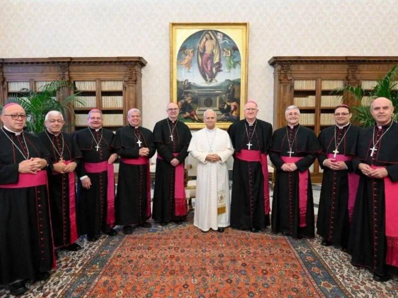 Nueve obispos de la Conferencia Episcopal de Honduras (CEH) junto al papa León XIV en el Palacio Apostólico del Vaticano.