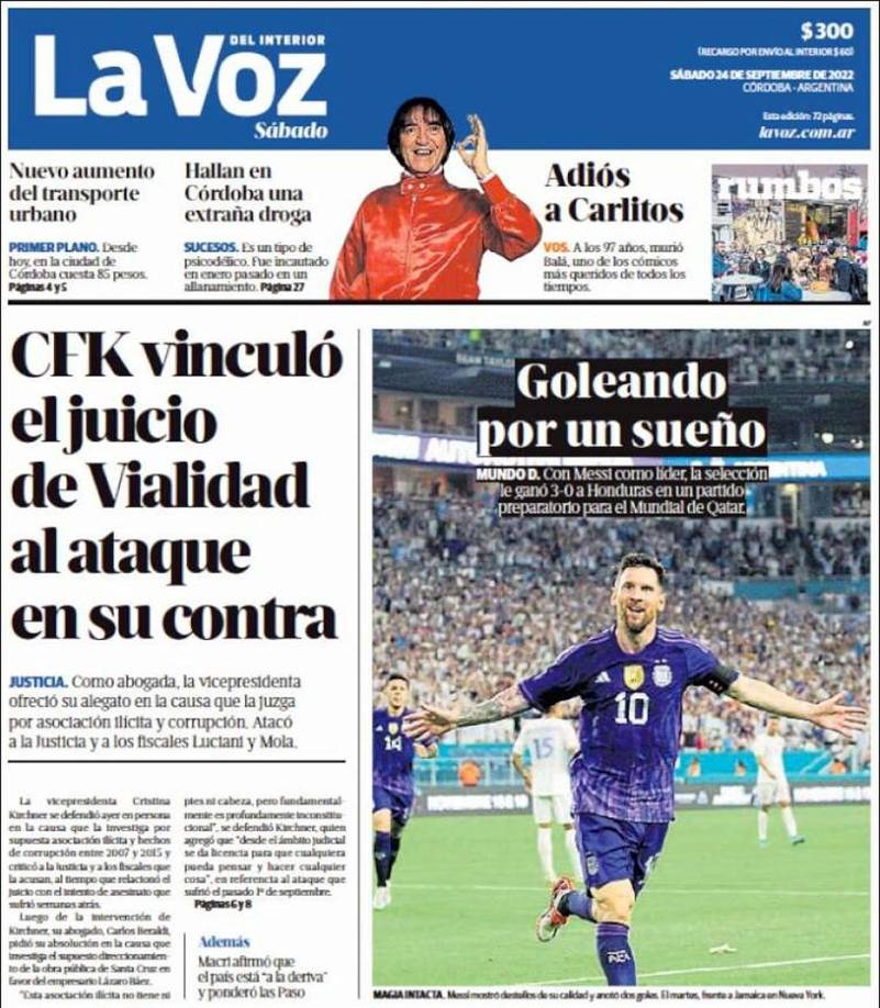 Diario La Voz del Interior - “Goleando por un sueño. Con Messi como líder, la selección le ganó 3-0 a Honduras en un partido preparatorio para el Mundial de Qatar”.