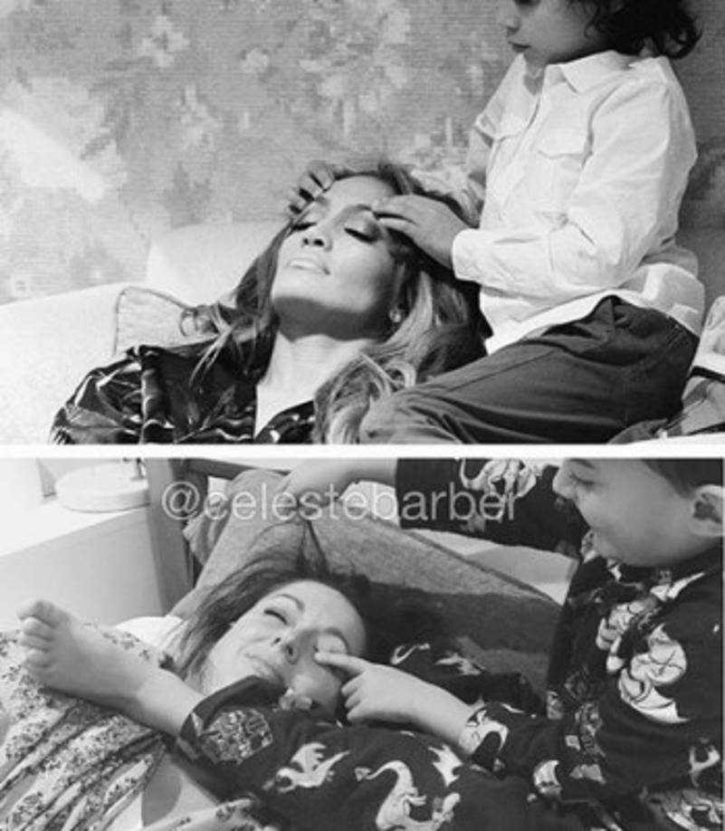 También recrea las fotos tiernas de las famosas como esta imagen de JLo con su hijo Max.