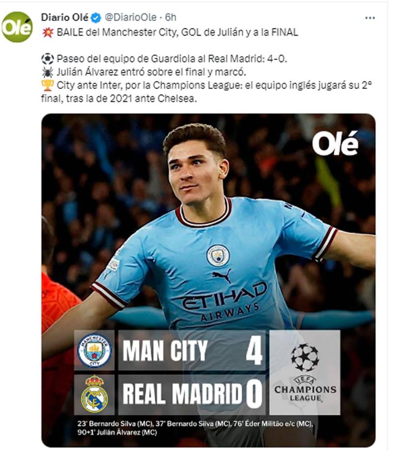 Diario Olé - “Baile del Manchester City al Real Madrid, gol de Julián Álvarez y a la final de Champions”.
