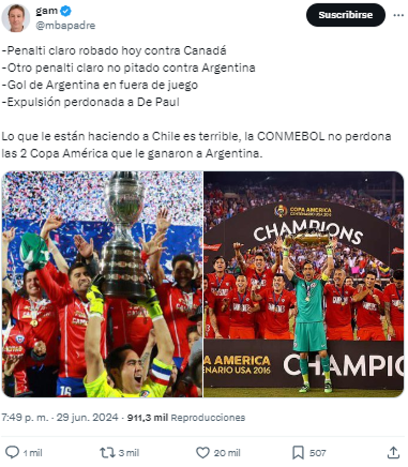 “Lo que le están haciendo a Chile es terrible, la CONMEBOL no perdona las 2 Copa América que le ganaron a Argentina”
