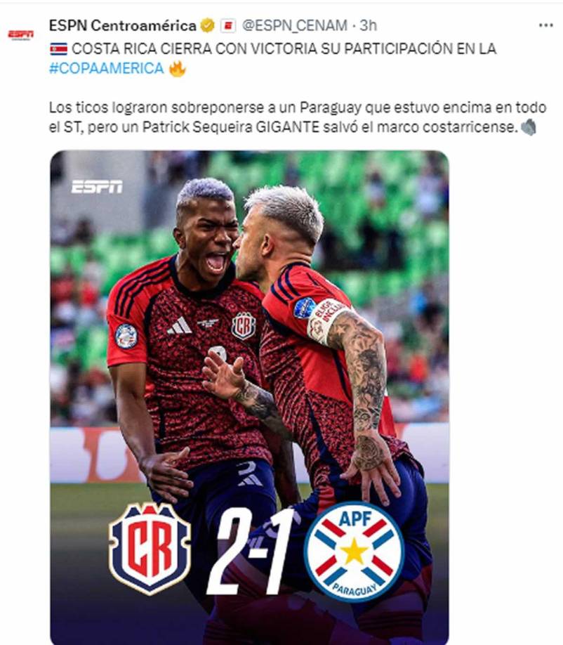 ESPN - “Costa Rica cierra con victoria su participación en la Copa América”.
