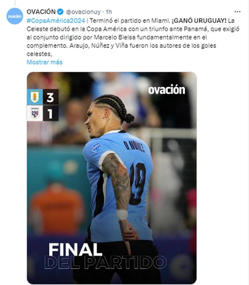Ovación de Uruguay - “La Celeste debutó en la Copa América con un triunfo ante Panamá, que exigió al conjunto dirigido por Marcelo Bielsa fundamentalmente en el complemento”.