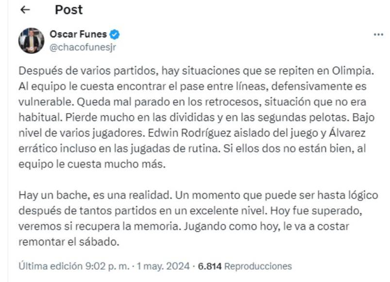 “Bajo nivel de varios jugadores. Edwin Rodríguez aislado del juego y Álvarez errático incluso en las jugadas de rutina. Si ellos dos no están bien, al equipo le cuesta mucho más”, señaló Chaco Fúnez en sus redes sociales.